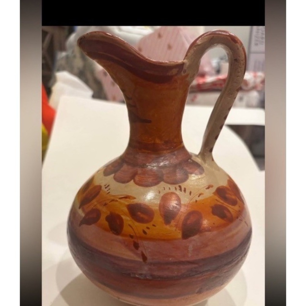 Vintage hand painted Tonala Mexican Pottery Pitcher-Burnished Earth Tones